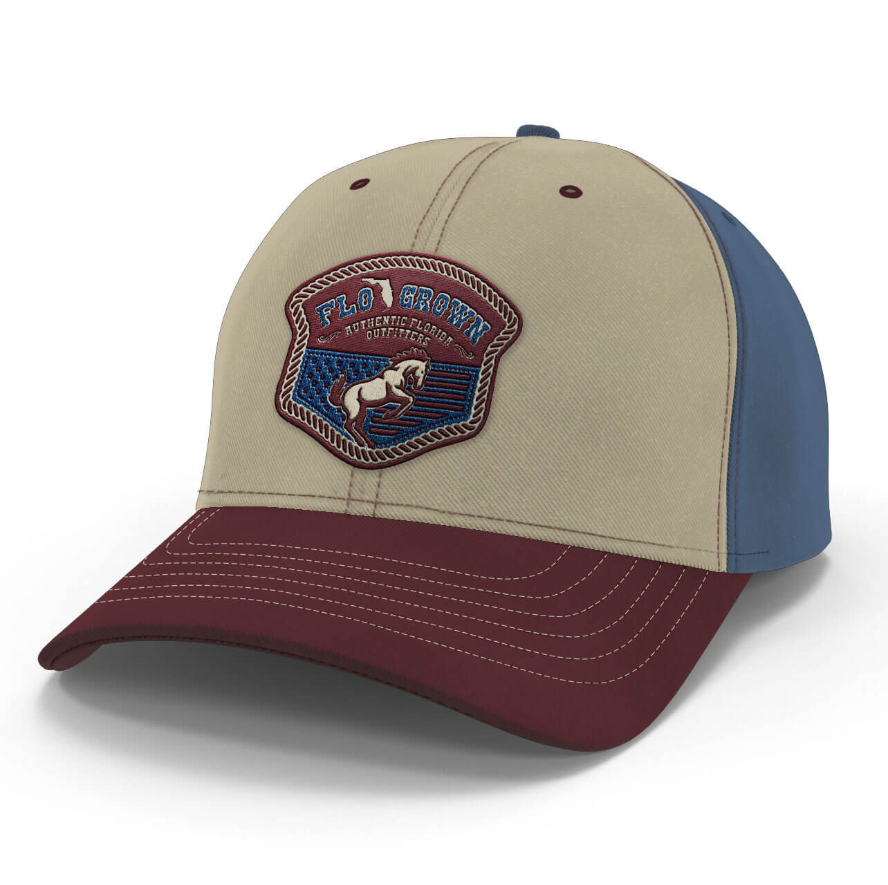 Beige, maroon, and blue cap with embroidered patch of a bronco and the FloGrown logo on the crown.