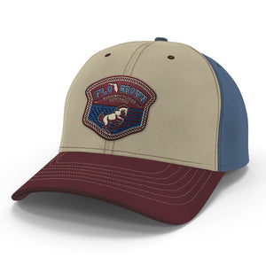 Beige, maroon, and blue cap with embroidered patch of a bronco and the FloGrown logo on the crown.