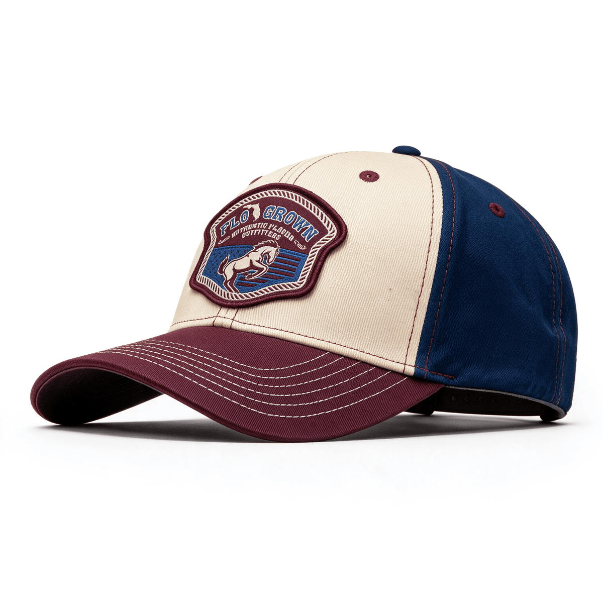 Beige, maroon, and blue cap with embroidered patch of a bronco and the FloGrown logo on the crown.