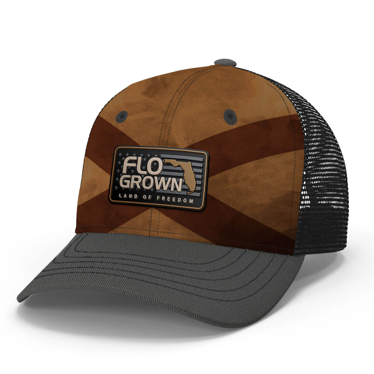 Brown cap with a dark brown Florida flag X across the crown with a rubber patch of the United States flag and the FloGrown logo over it.