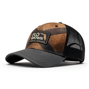 Brown cap with a dark brown Florida flag X across the crown with a rubber patch of the United States flag and the FloGrown logo over it.