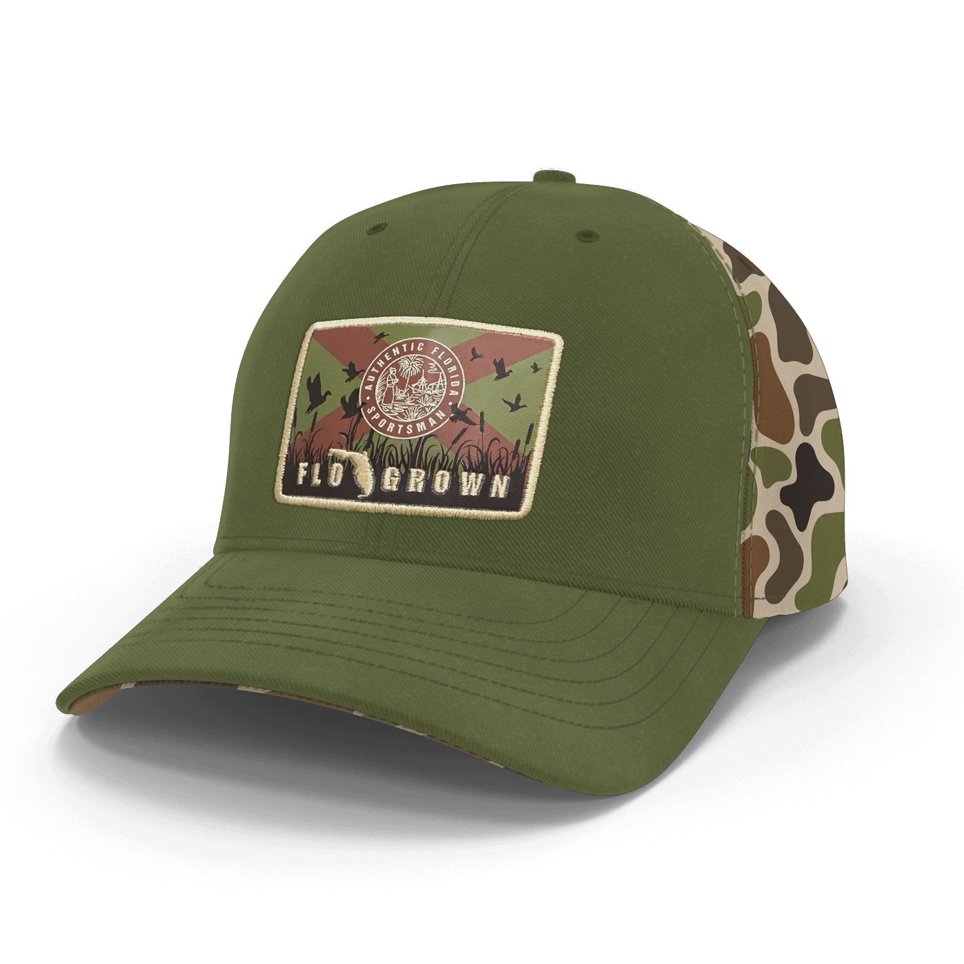 Green cap with a camouflage backing and patch of the Florida flag on the crown.