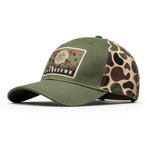 An olive green baseball cap with a camouflage patterned side panel and a front patch with the FloGrown logo and the Florida flag.