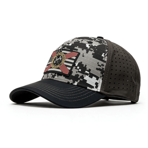 A baseball cap with a digital gray camo crown with a patch of a USA flag and a Florida flag over it. 