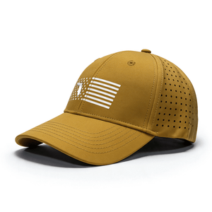 Yellow cap with a print of the US flag on the crown and a patch of Florida. The back features a perforated material.