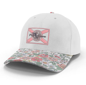 White cap with floral brim and pink and black Florida flag embroidered on the crown with the FloGrown logo over it.