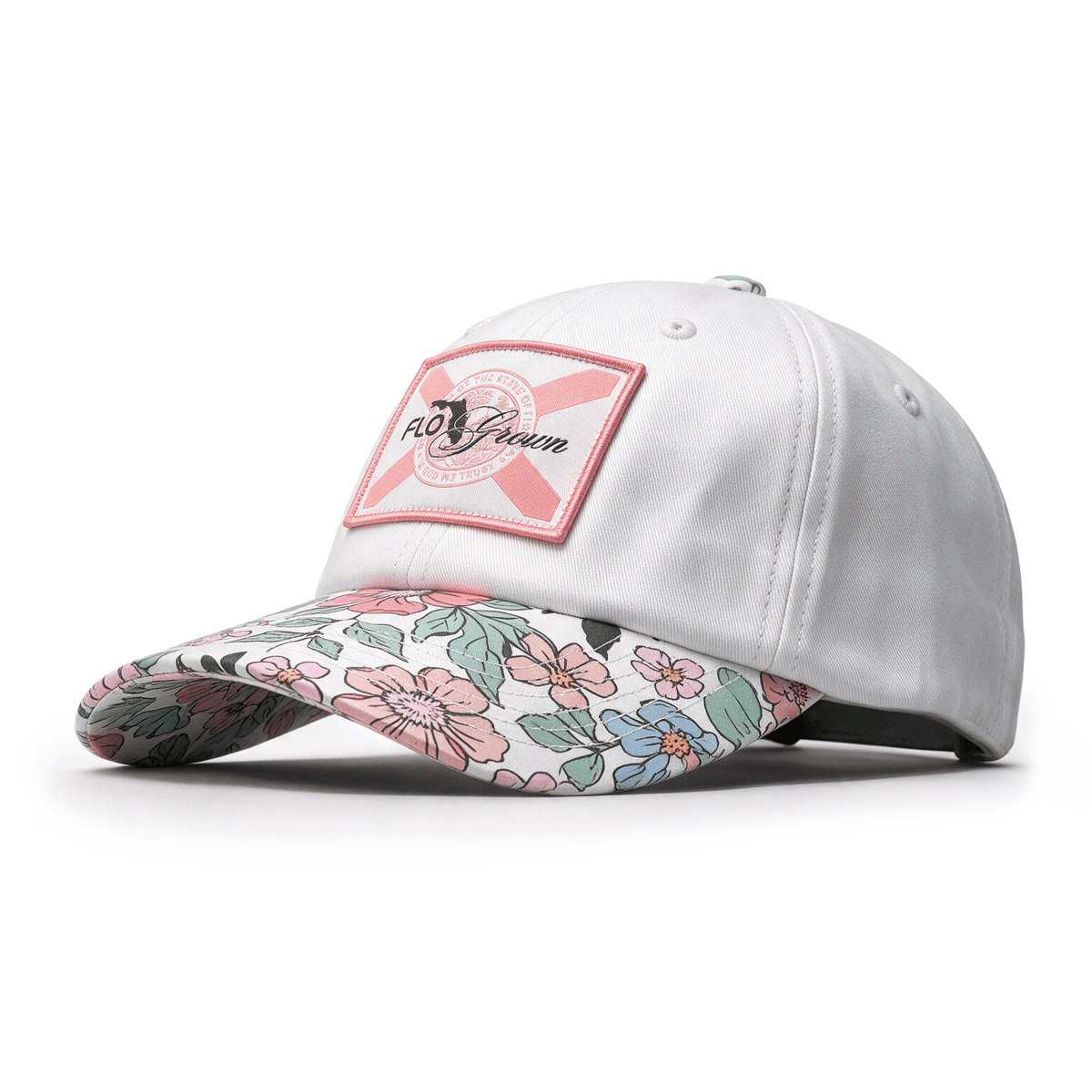 White cap with floral brim and pink and black Florida flag embroidered on the crown with the FloGrown logo over it.