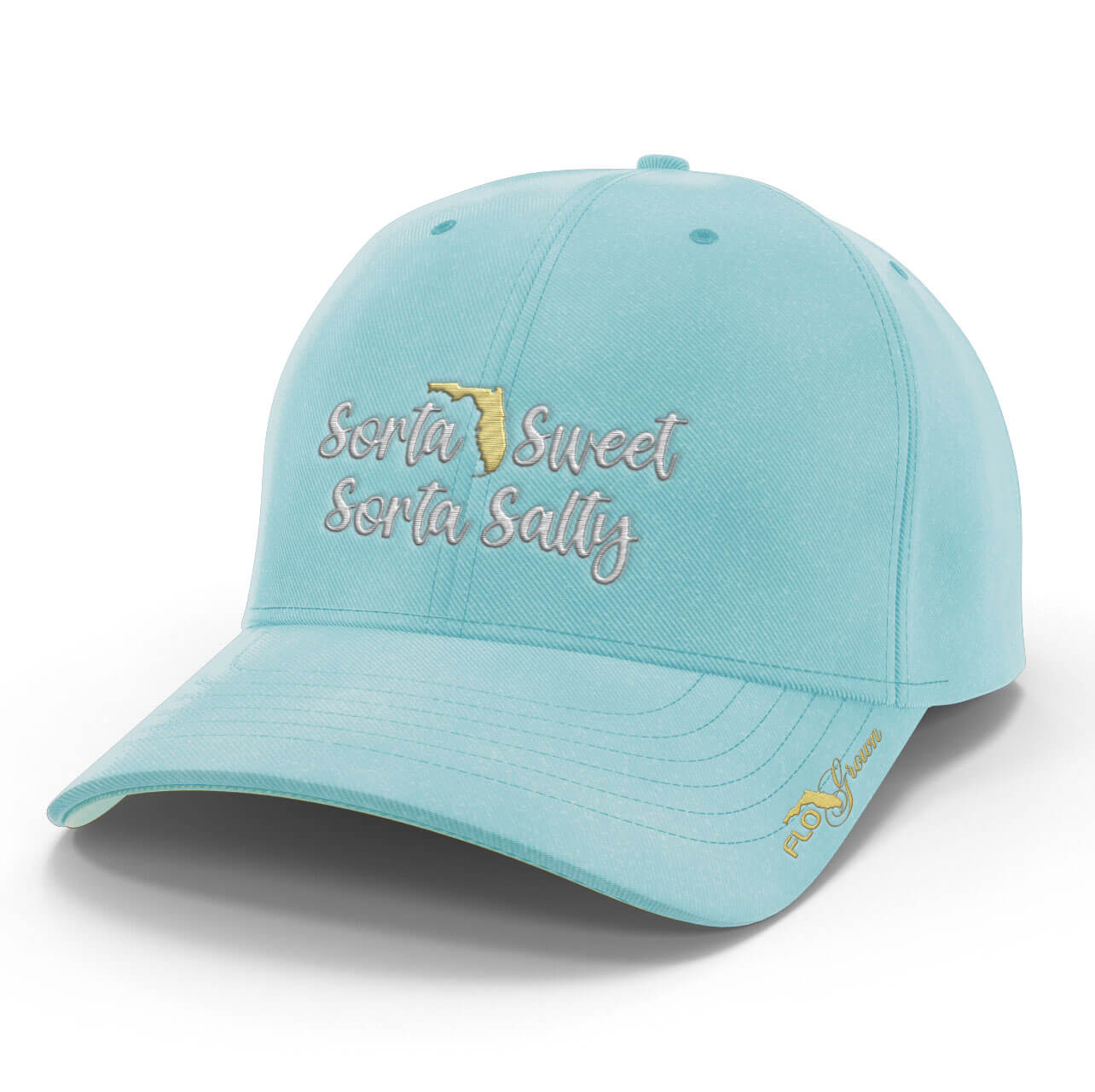 Light blue womens cap with the text 'Sorta Sweet, Sorta Salty' embroidered on the crown. 