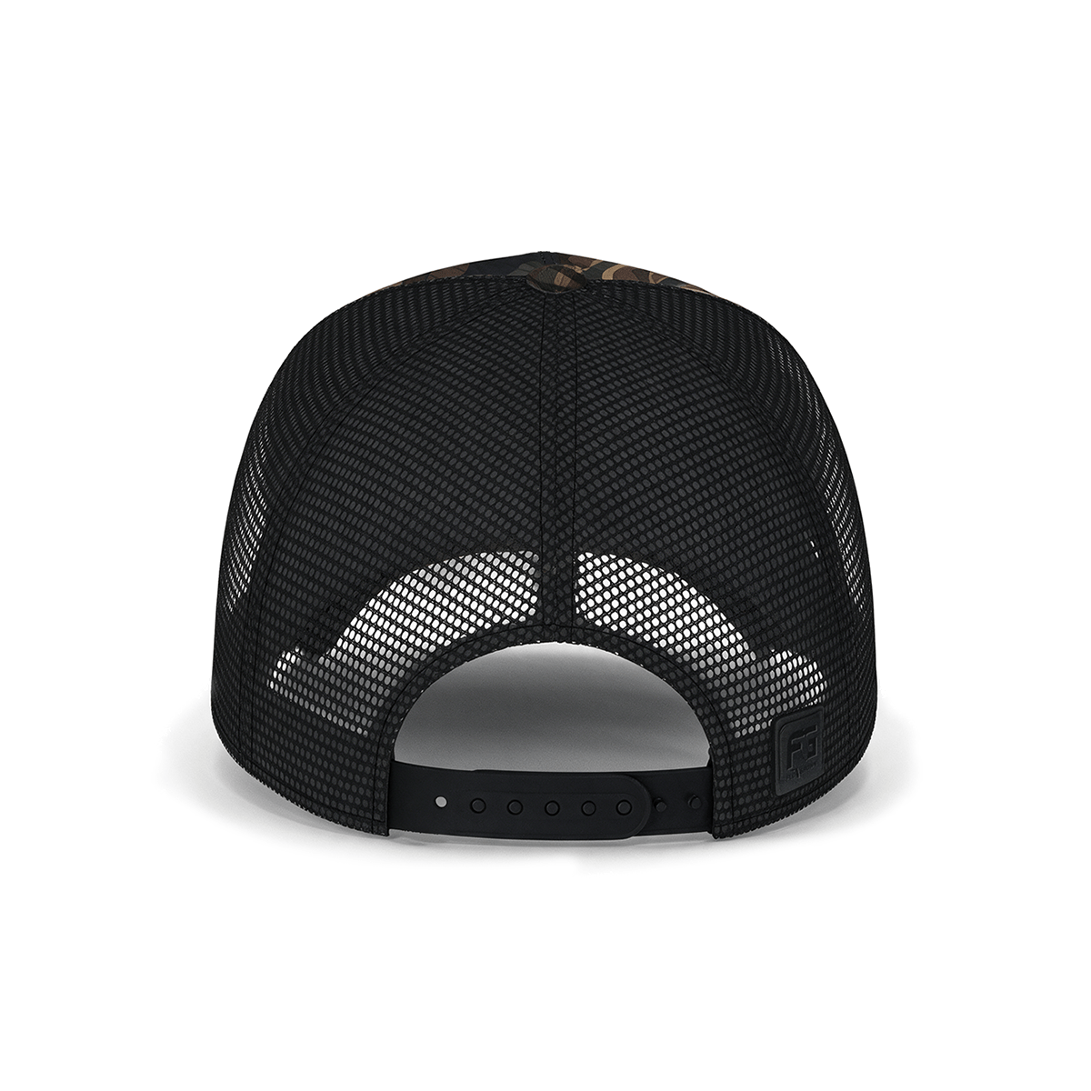 Back view showing black mesh trucker backing with a black adjustable snapback.