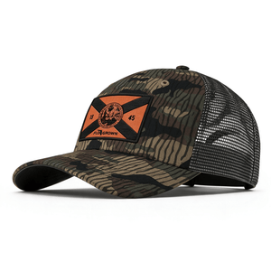 A camouflage trucker hat with a black mesh back and a front patch featuring an orange and black Florida flag with the text 'FLOGROWN'.