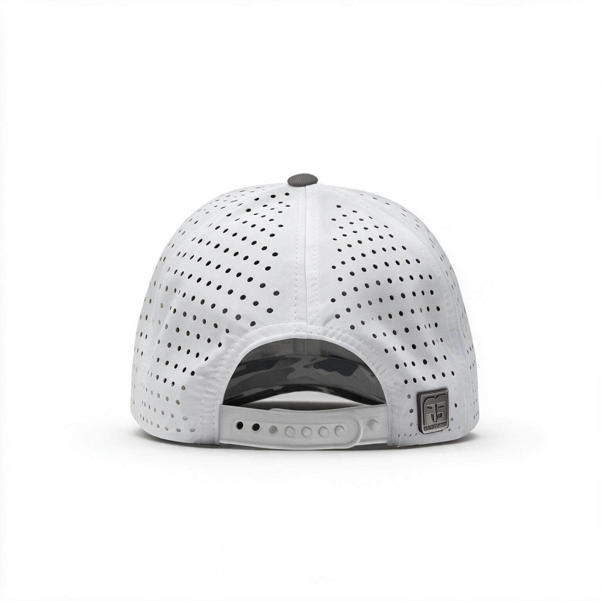 Back view showing a perforated backing and adjustable snapback.