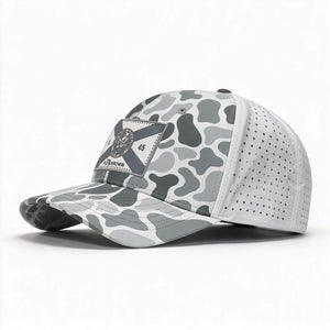 Grayscale camo on white hat with a gray and white Florida flag patch on the crown.