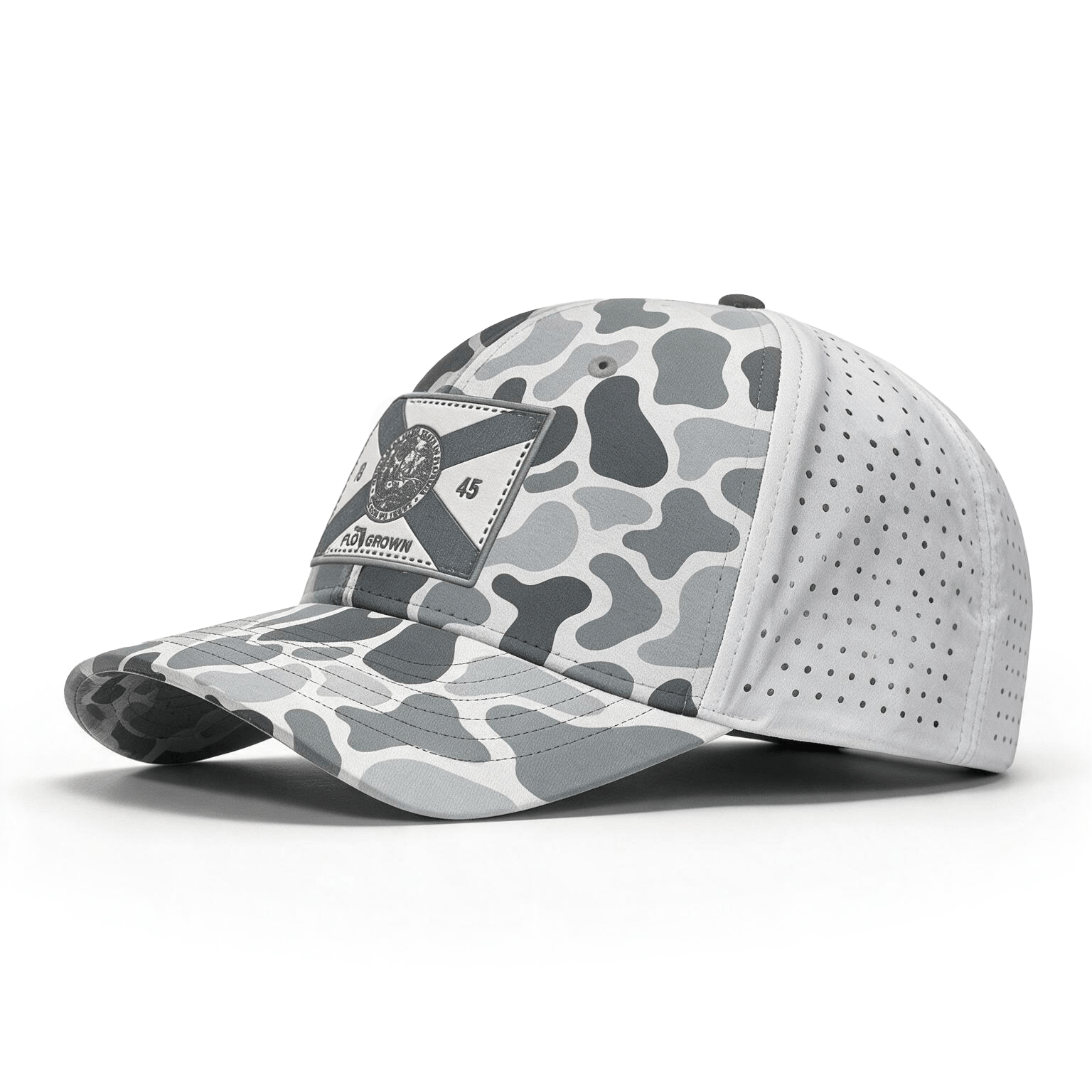Grayscale camo on white hat with a gray and white Florida flag patch on the crown.