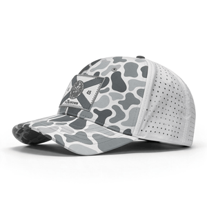 Grayscale camo on white hat with a gray and white Florida flag patch on the crown.