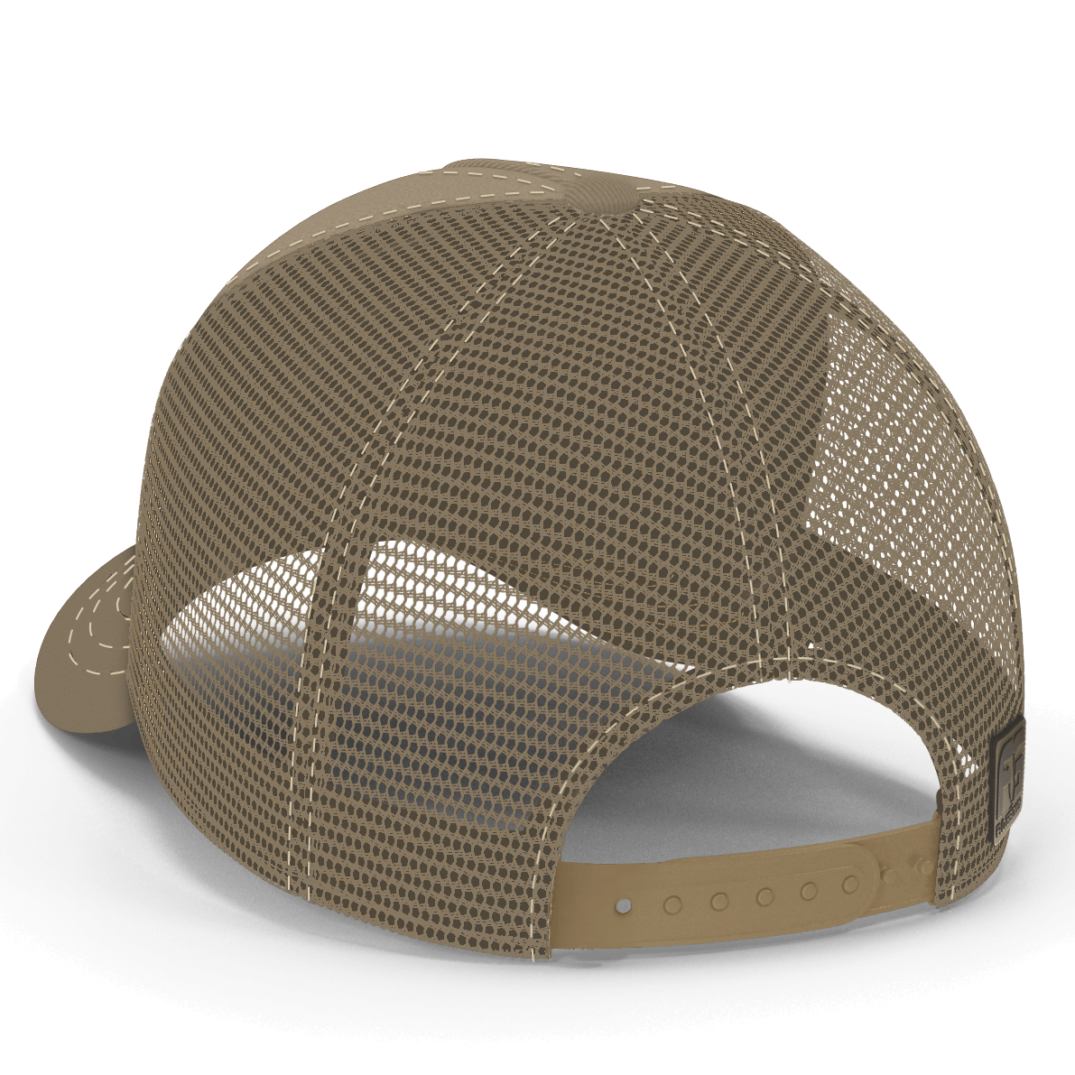 Back view showing the mesh trucker backing and adjustable snapback.