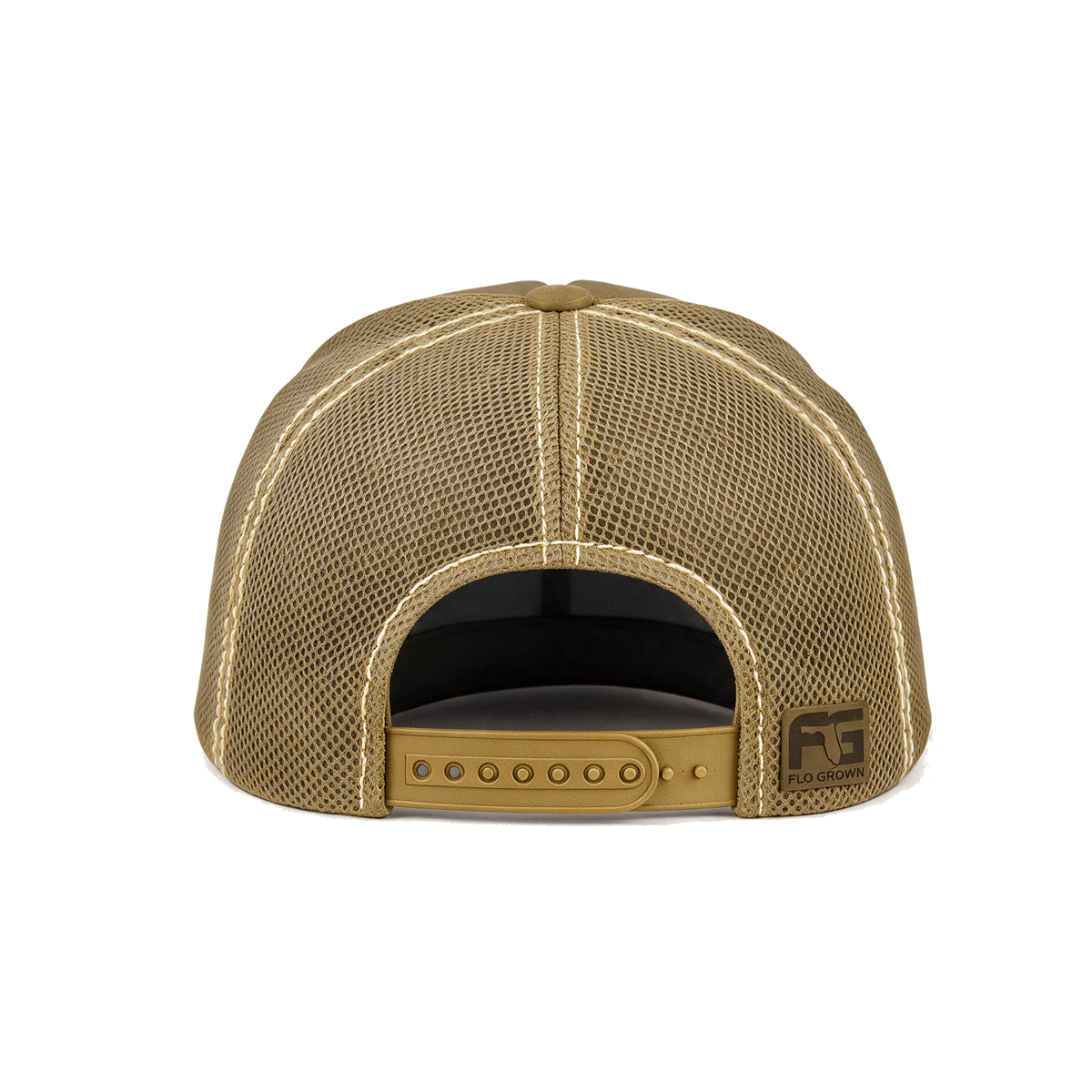 Back view showing the mesh trucker backing and adjustable snapback.