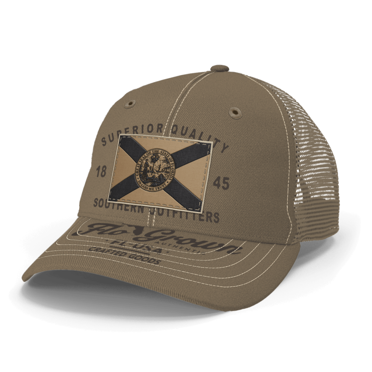 Tan hat with a Florida flag patch on the crown and FloGrown logo on the bill.