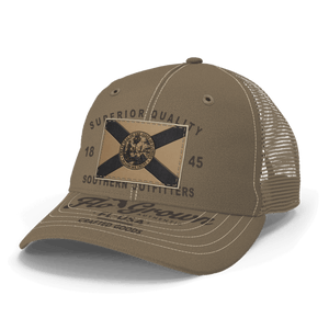 Tan hat with a Florida flag patch on the crown and FloGrown logo on the bill.
