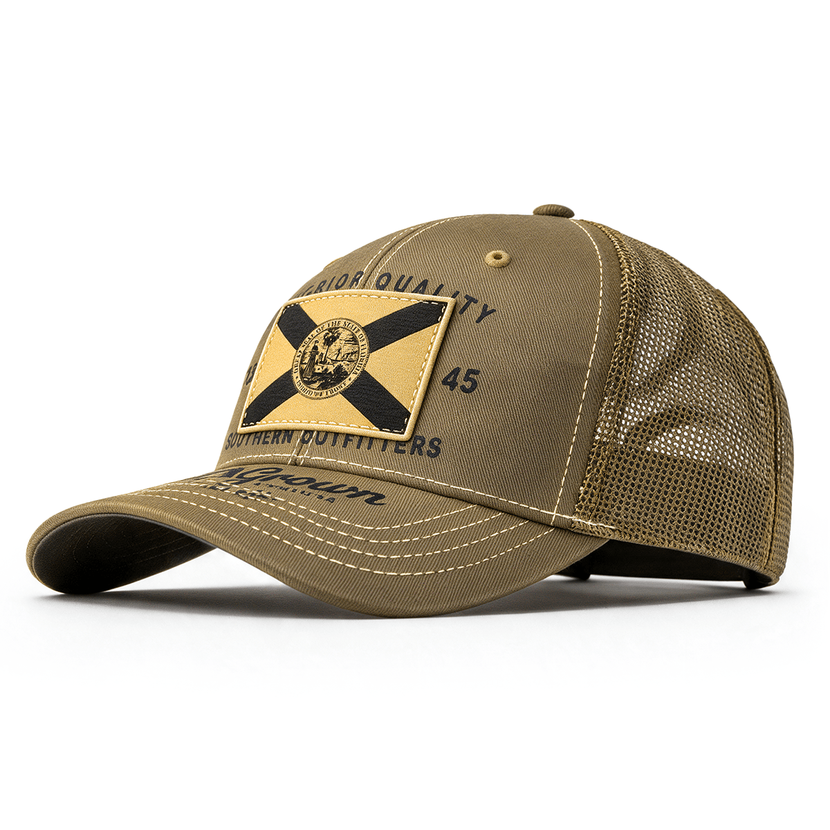 Tan hat with a Florida flag patch on the crown and FloGrown logo on the bill.
