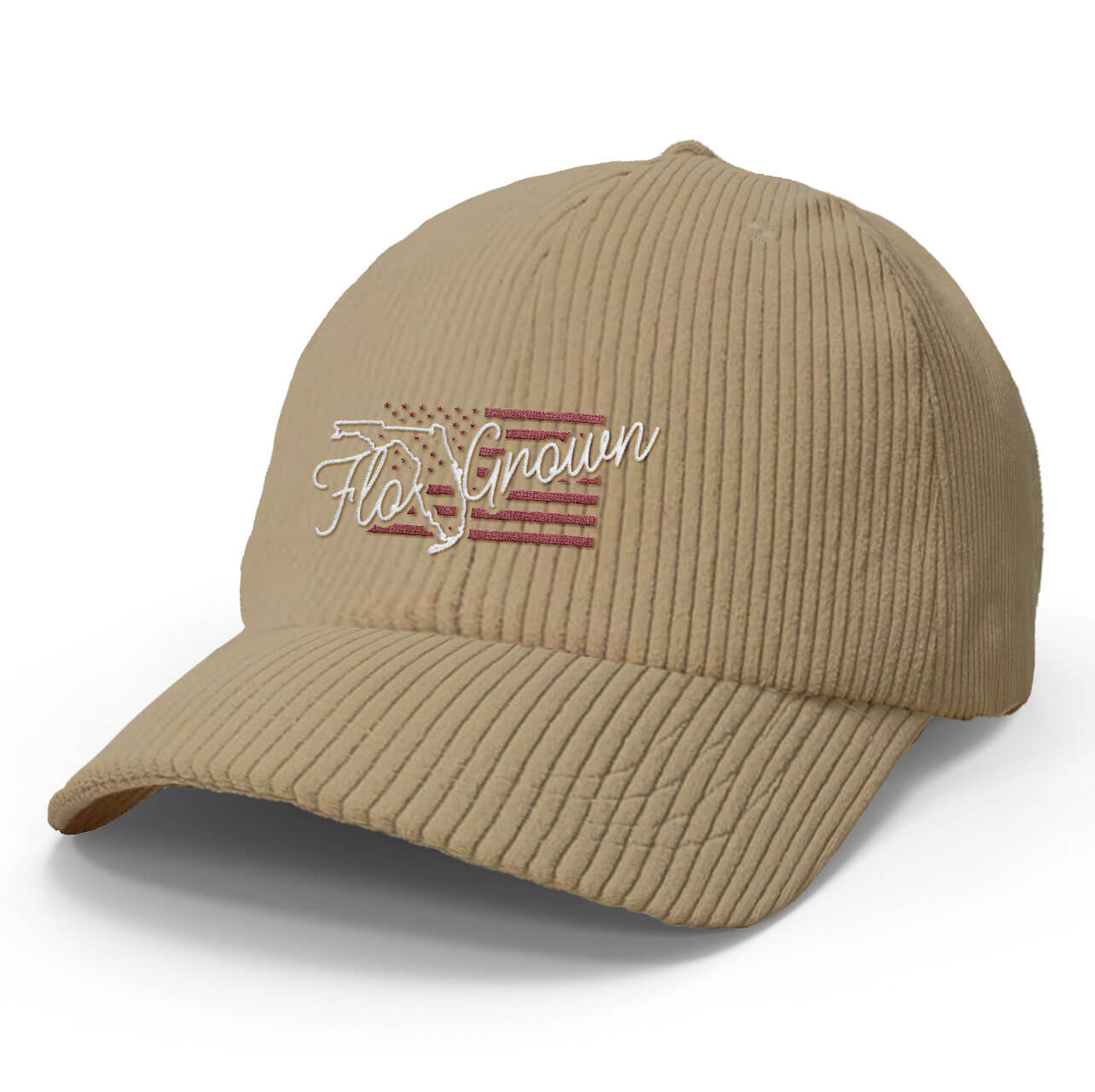 Tan hat with a Florida flag embroidered and the FloGrown logo in a script text.