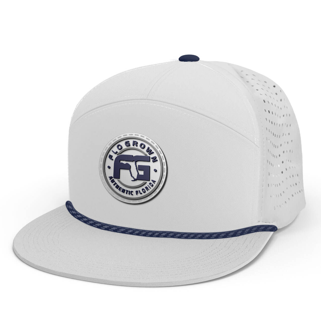 A white hat with a rubber patch of the FloGrown logo on the crown and a navy rope across the brim.