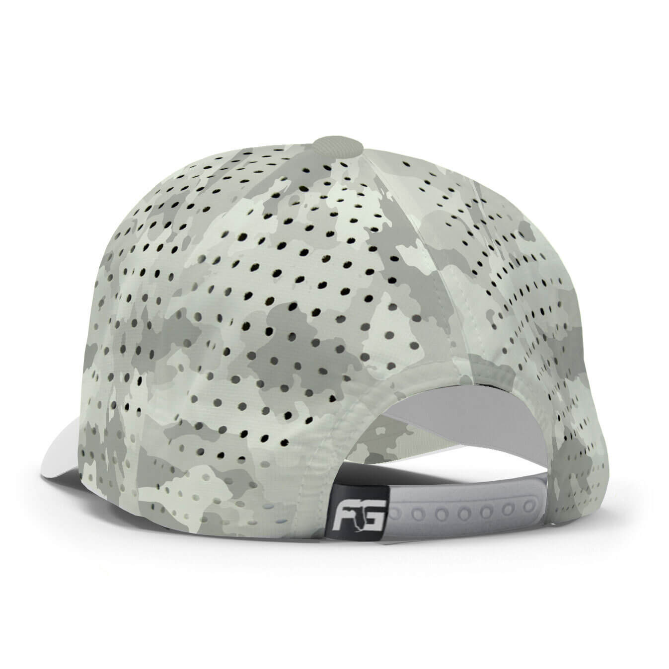 Back view of a white and gray camouflage performance hat with a snapback