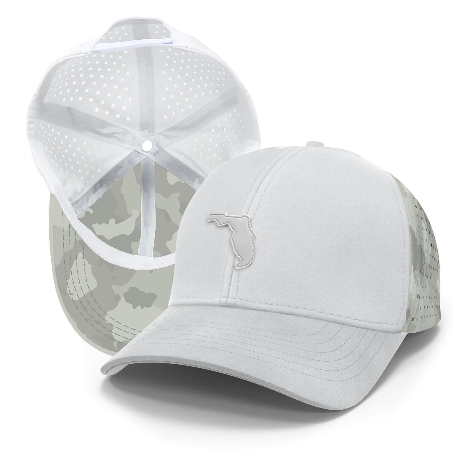 Under visor view of a white women's performance hat featuring gray camouflage.