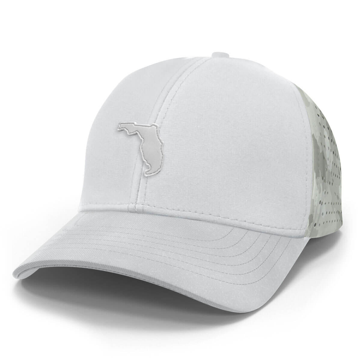 A white women's performance cap with camouflage pattern on the back and a cut-out shape of Florida on the front.