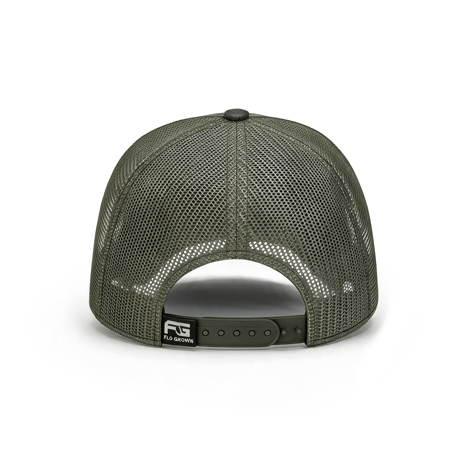 Black mesh cap with a FloGrown logo on the snapback