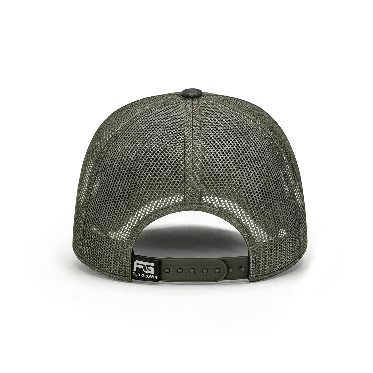 Black mesh cap with a FloGrown logo on the snapback