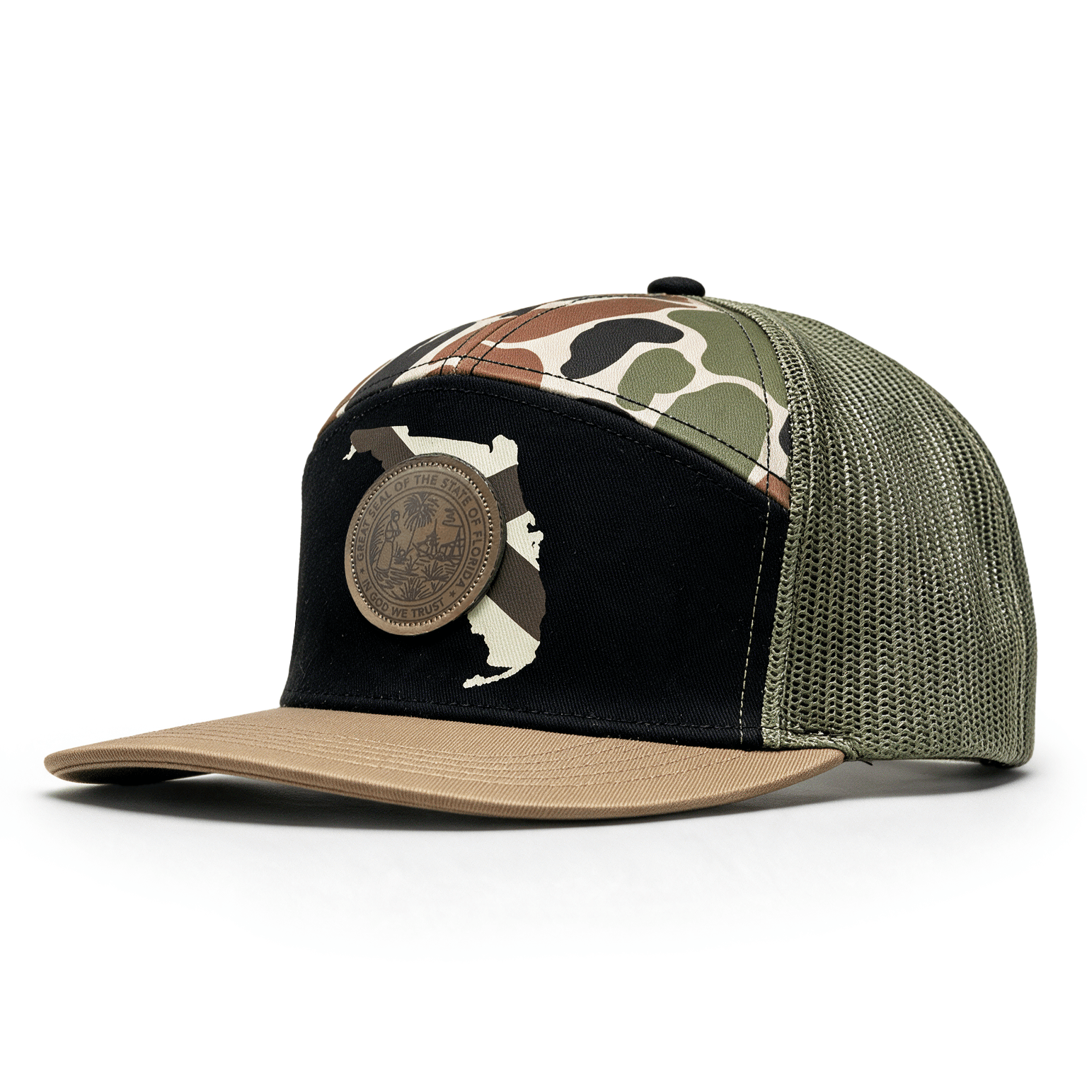 Black and brown cap with camouflage top front and Florida emblem