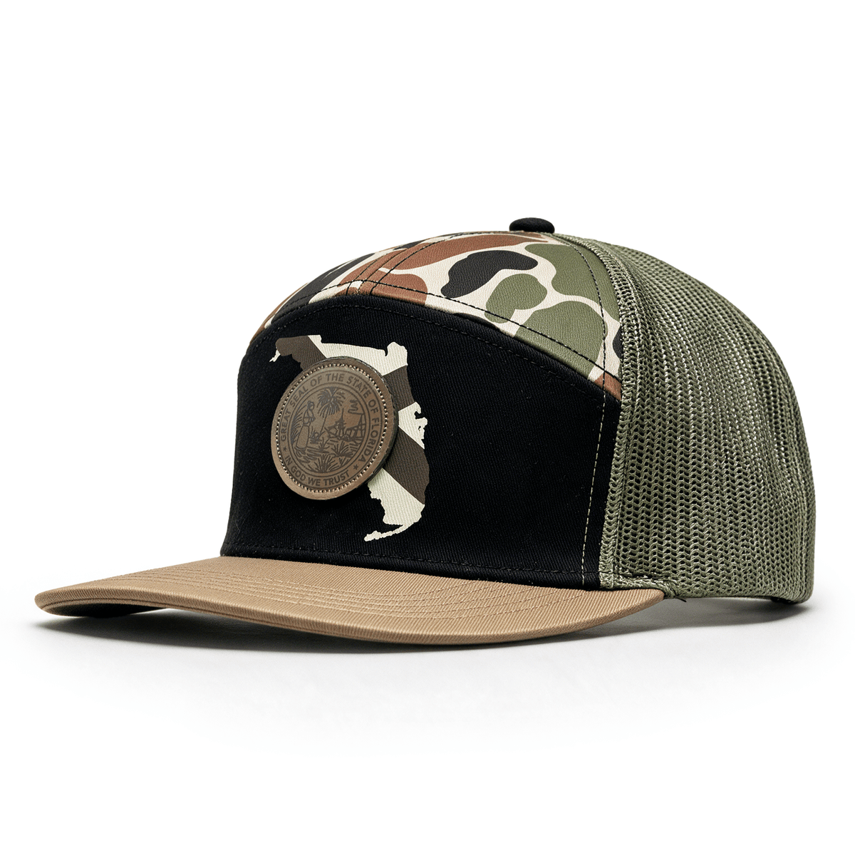 Black and brown cap with camouflage top front and Florida emblem