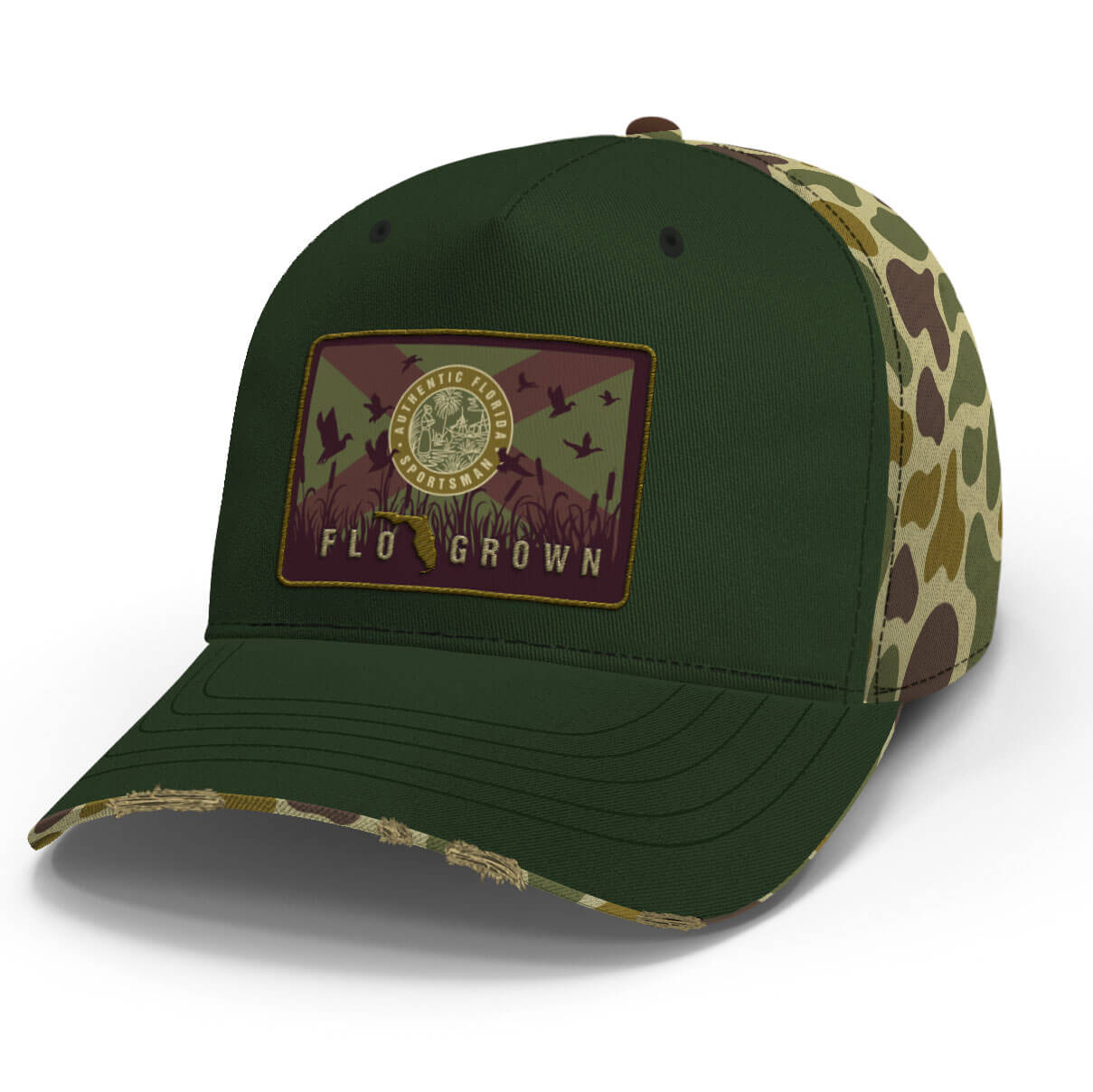 Green hat with a camo backing and a patch of the Florida flag with ducks flying around it on the crown.