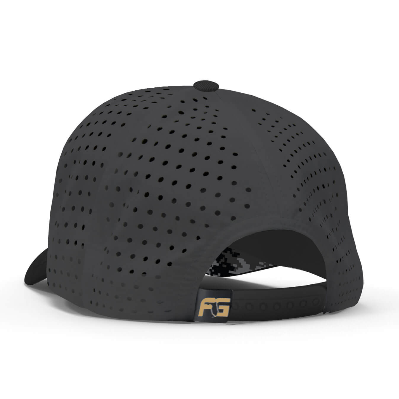 Back view with a dark gray perforated backing and adjustable snapback.