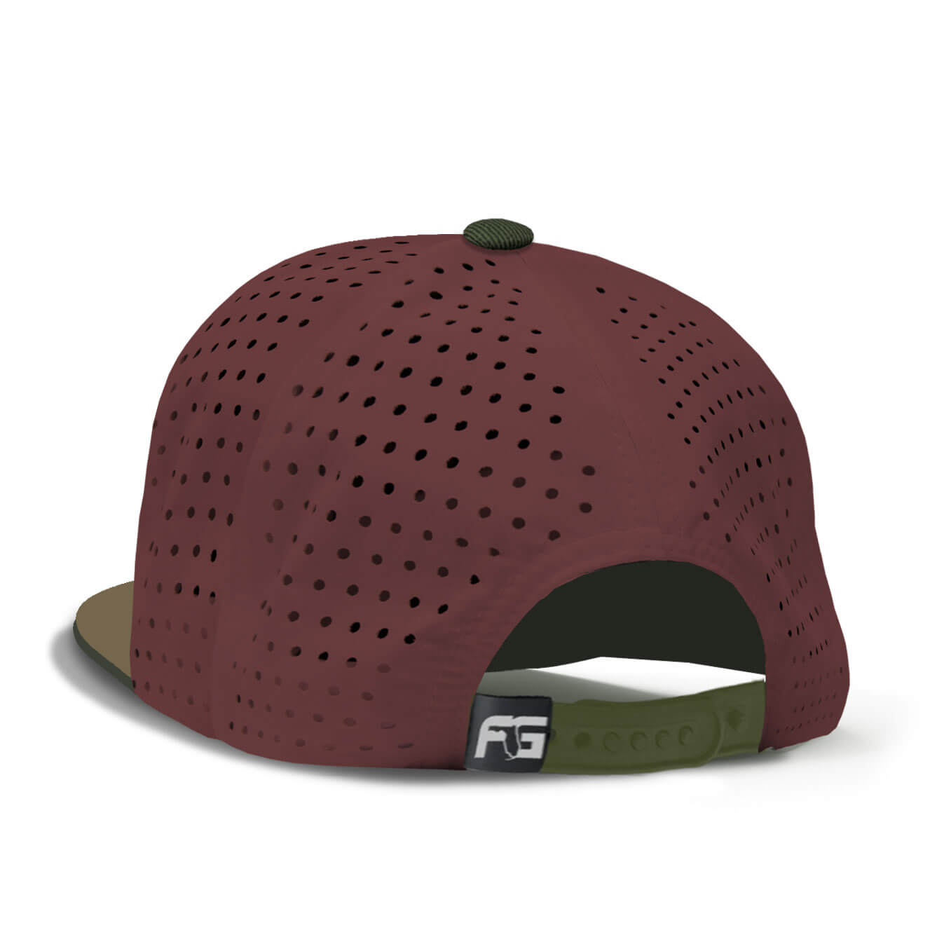 Back view of a maroon baseball cap with green snapback.