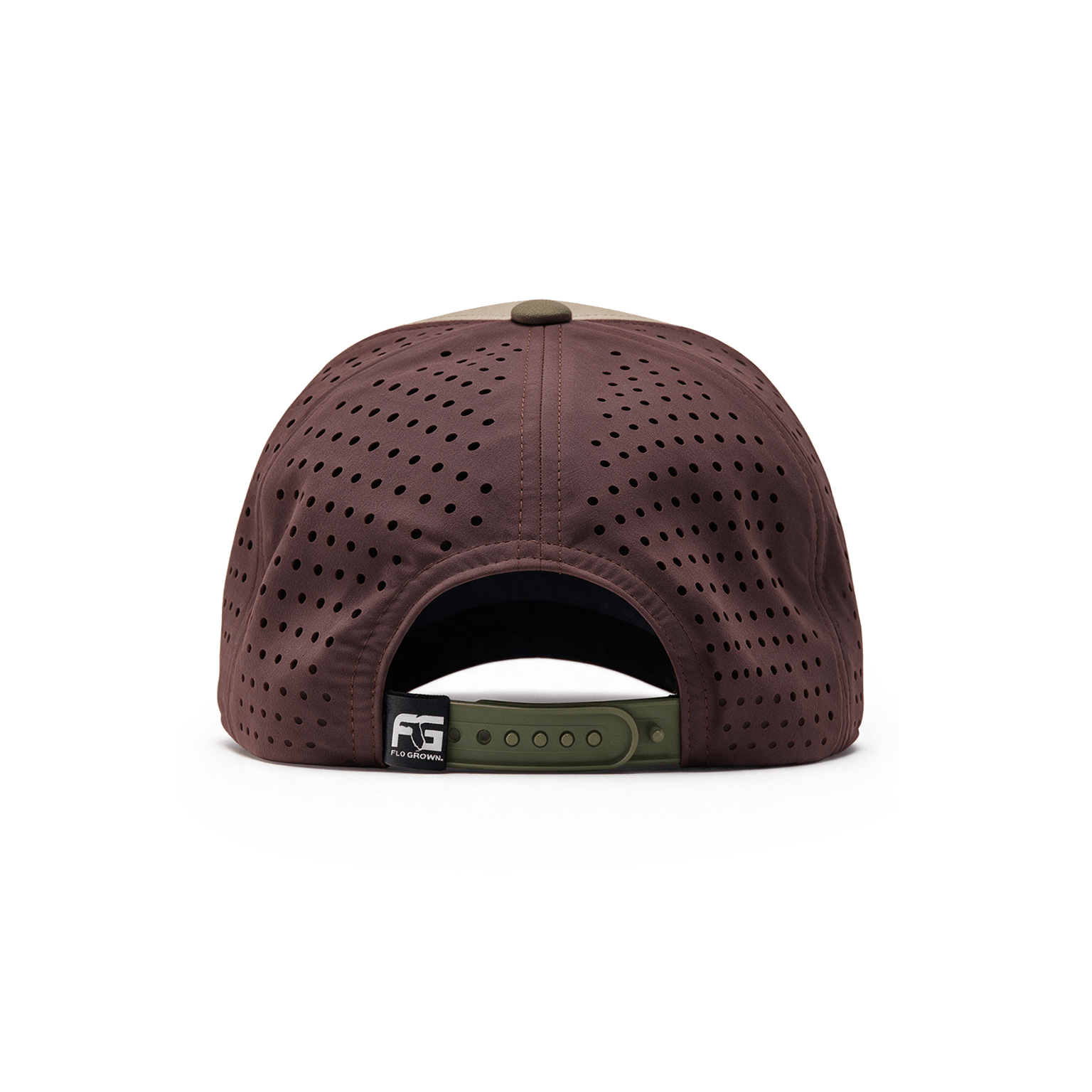 Back view of a maroon baseball cap with green snapback.