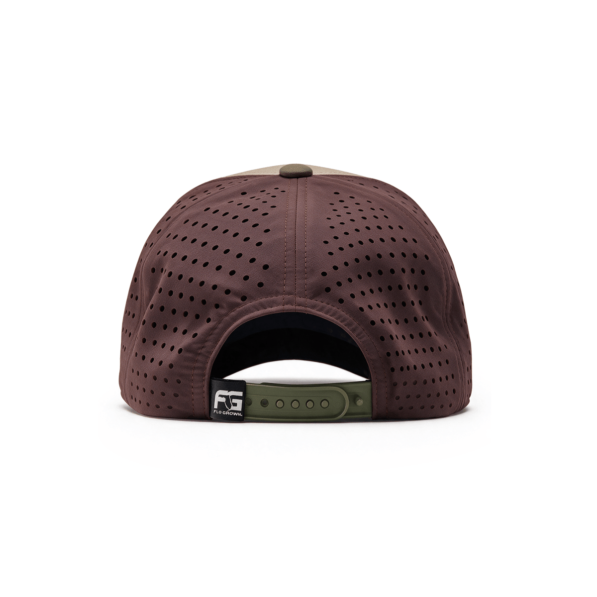 Back view of a maroon baseball cap with green snapback.