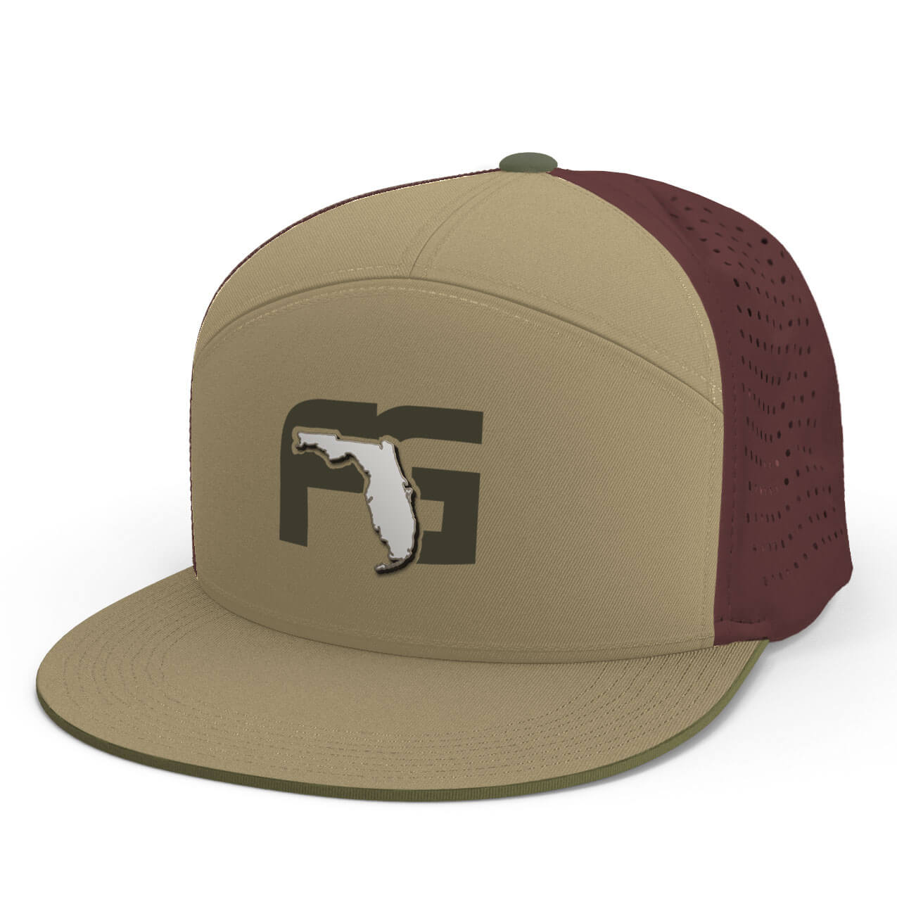 Beige and maroon cap with the FG logo on the crown and a flat visor.