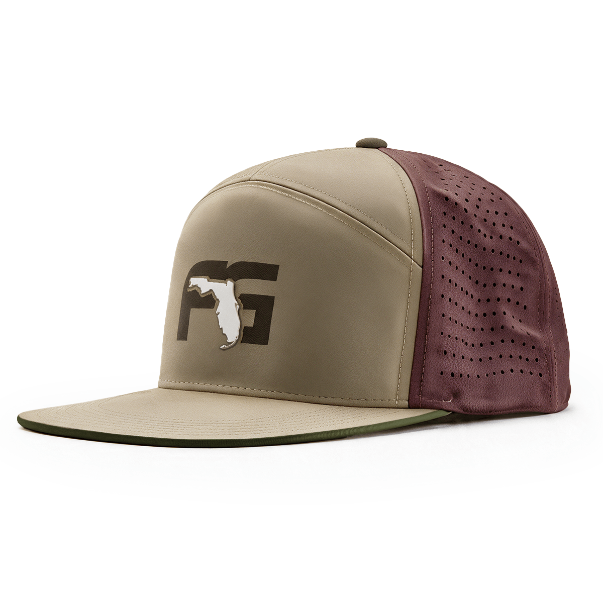 Beige and maroon cap with the FG logo on the crown and a flat visor.