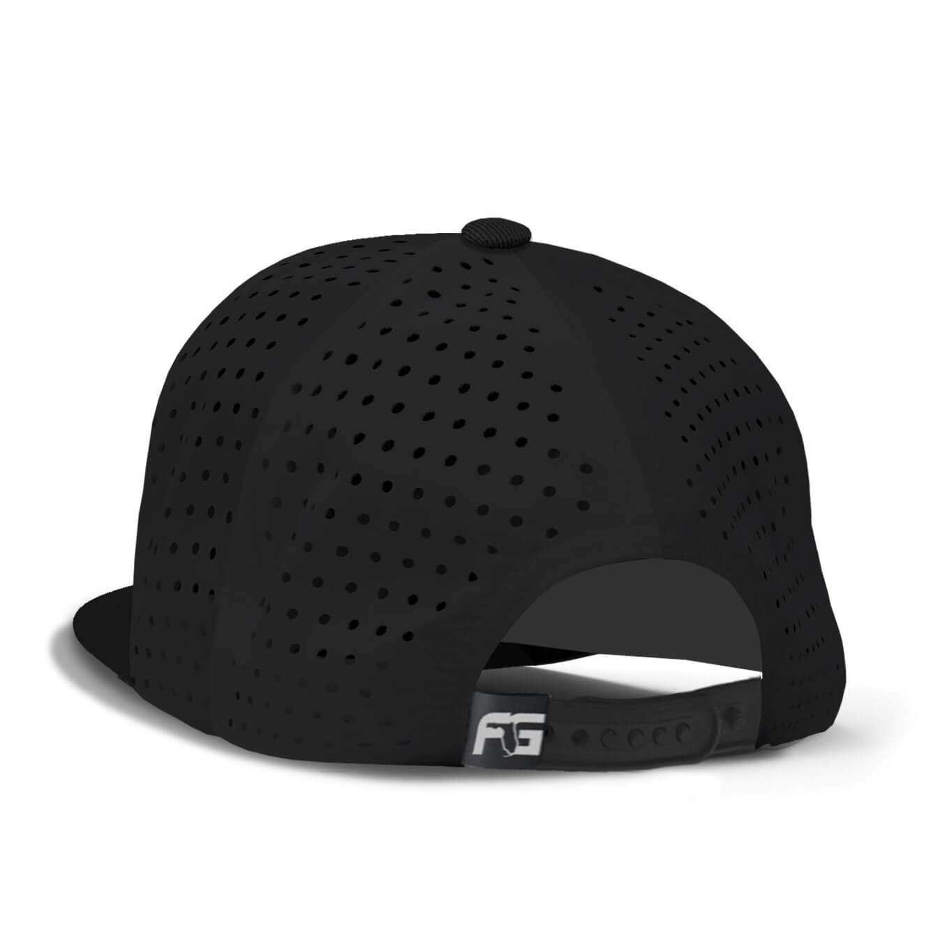 Back view showing a perforated backing and snapback.