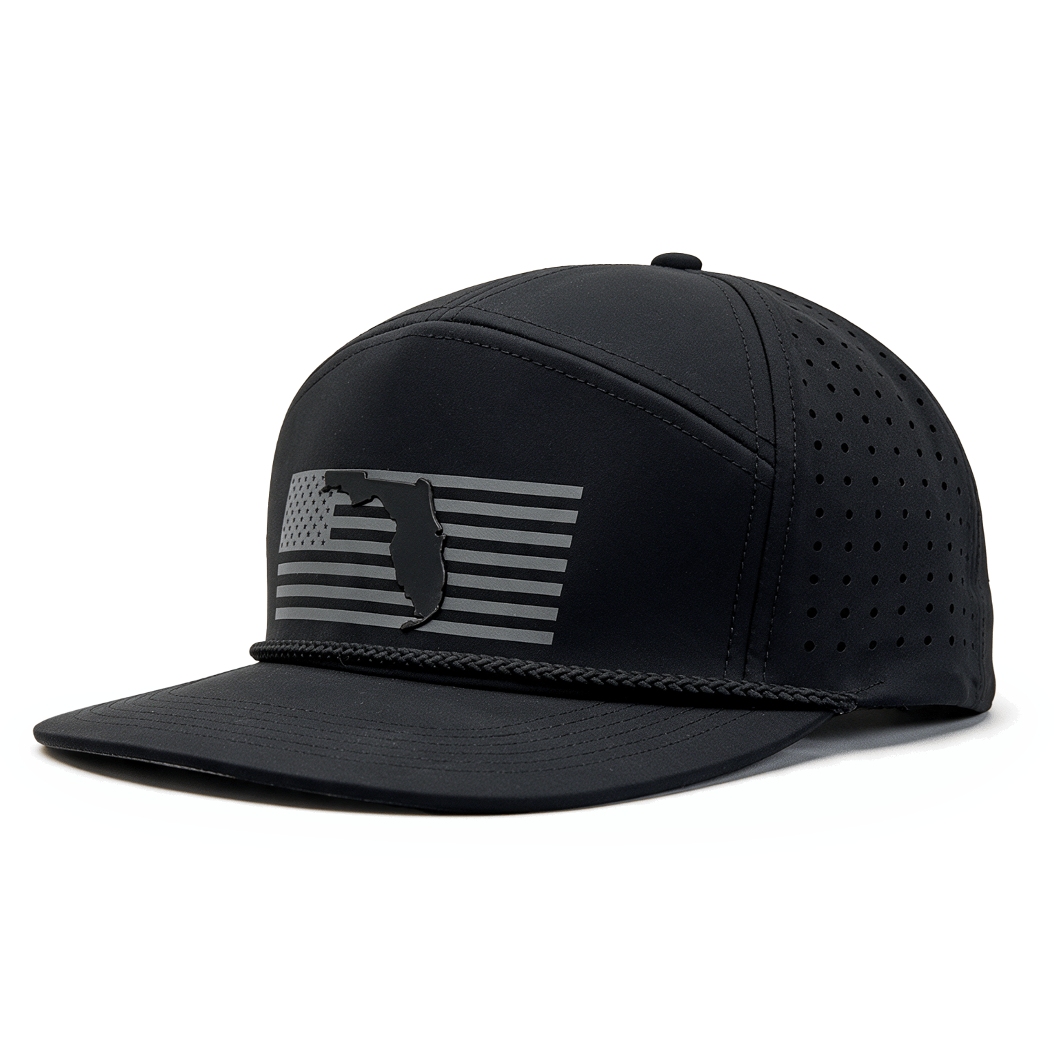 A black cap with a dark gray USA flag on the crown with a patch of the state of Florida over it and a rope going across where the visor meets the crown.