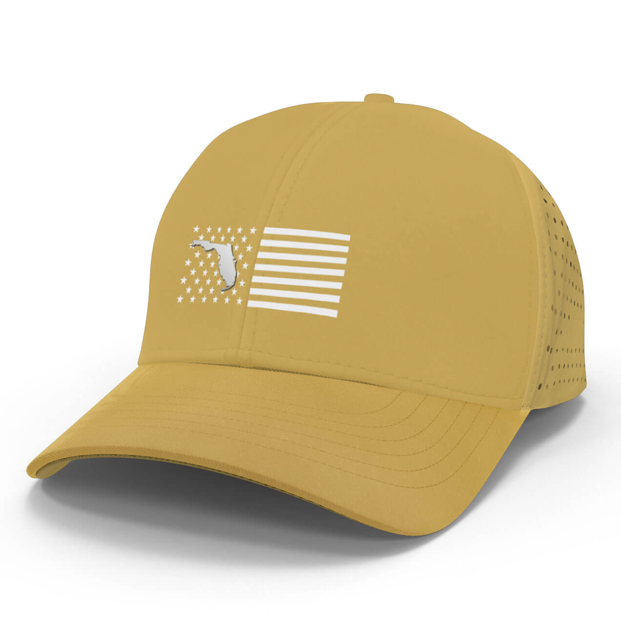 Yellow cap with a print of the US flag on the crown and a patch of Florida. The back features a perforated material.