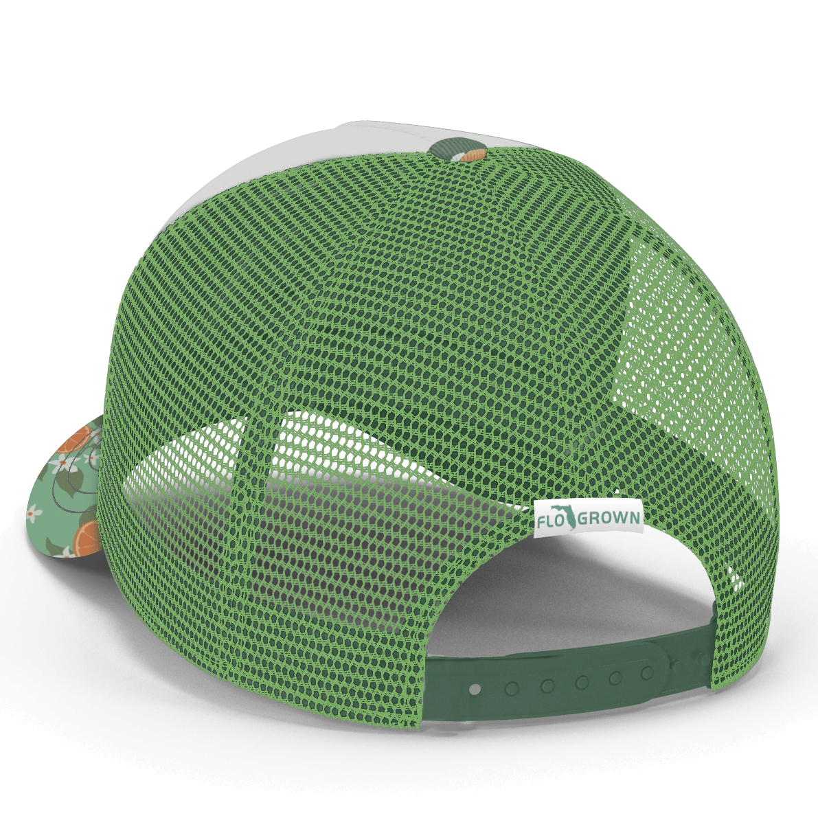 Back view showing a green mesh backing and snapback. 