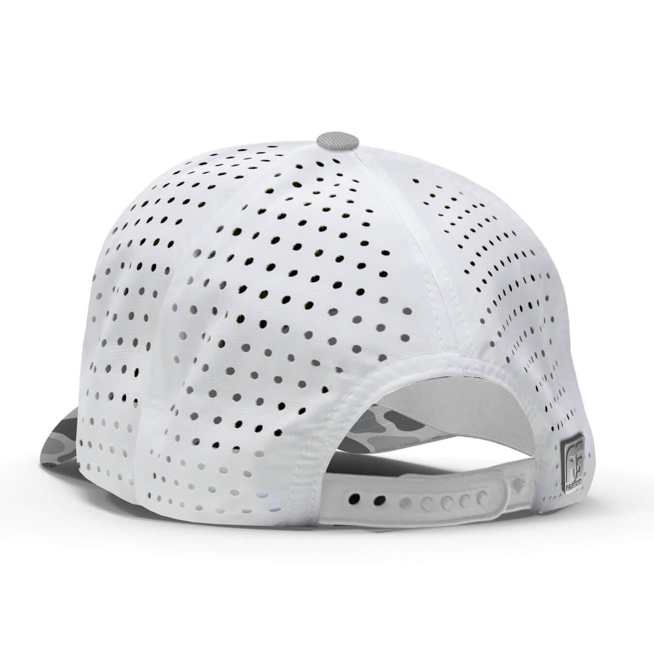 Back view showing a perforated backing and adjustable snapback.
