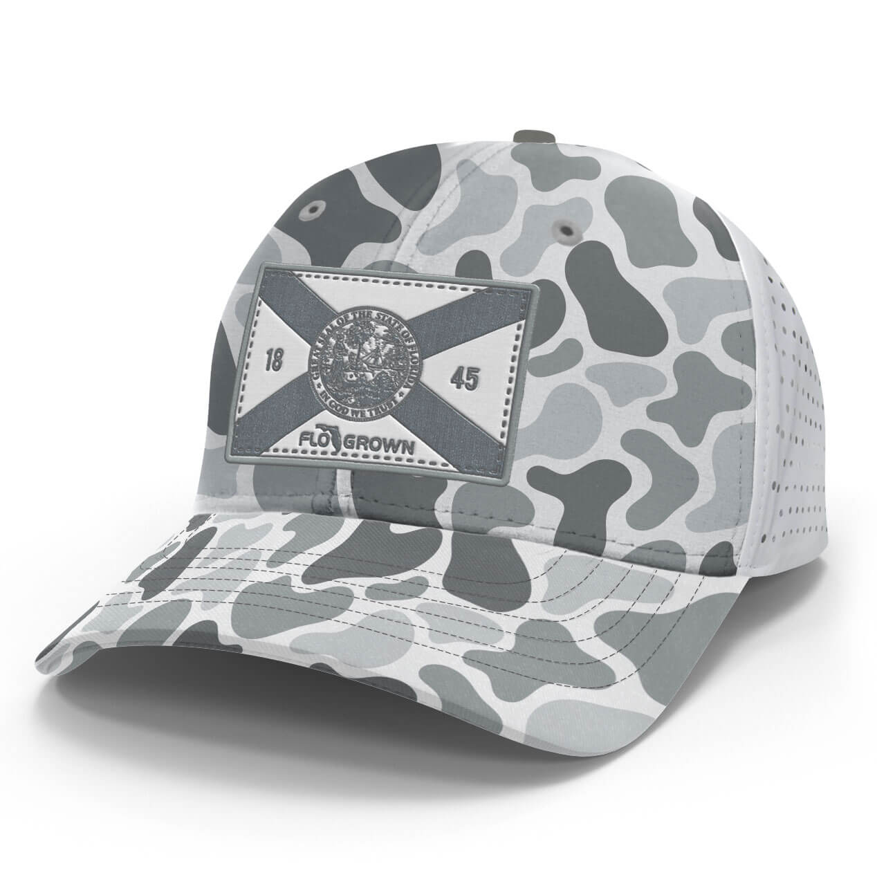 Grayscale camo on white hat with a gray and white Florida flag patch on the crown.