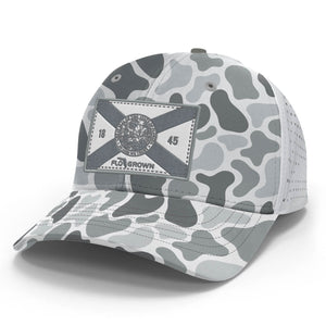 Grayscale camo on white hat with a gray and white Florida flag patch on the crown.