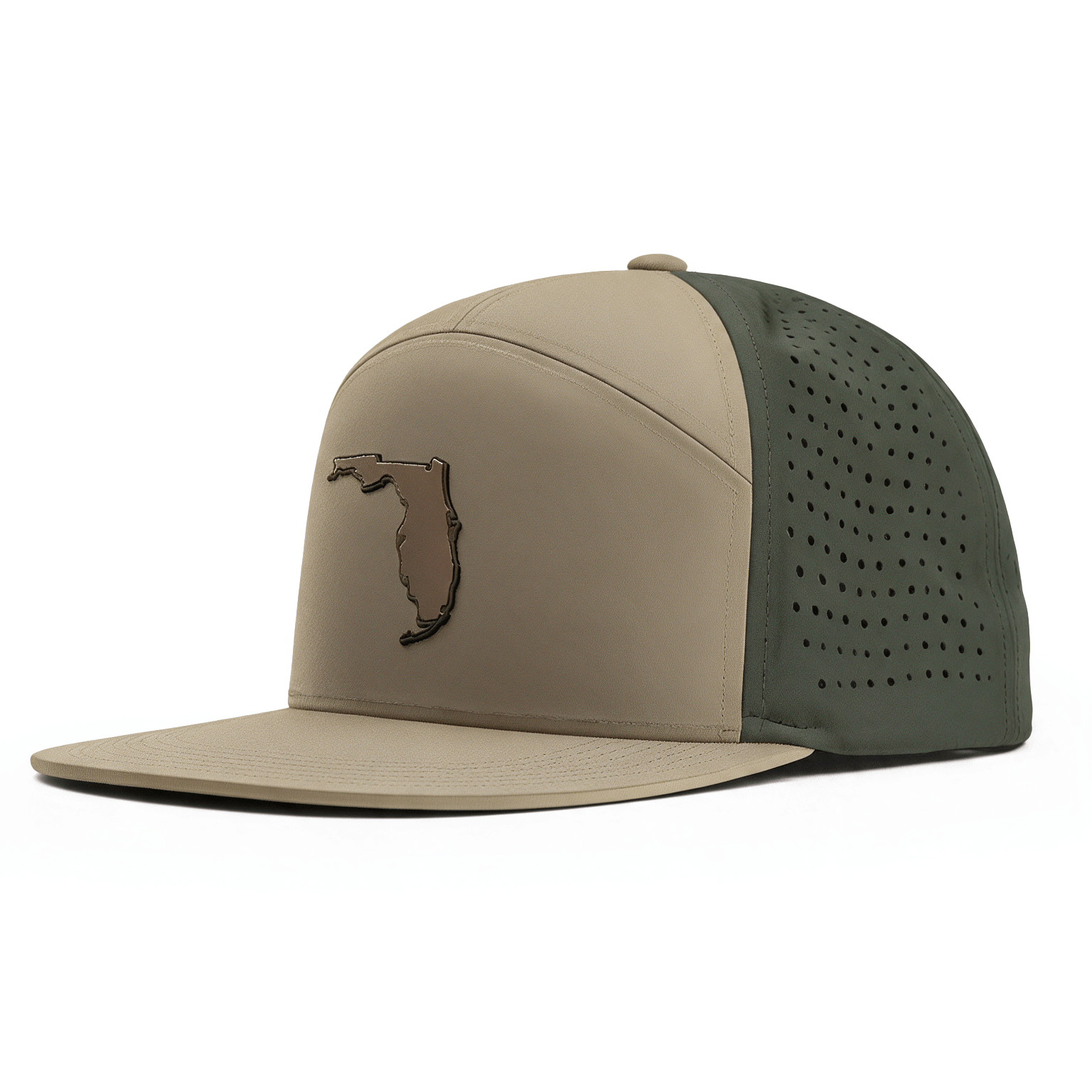 A structured baseball cap with a flat brim, featuring a light beige front panel and brim, a dark olive green perforated back, and a brown Florida state outline patch on the front.