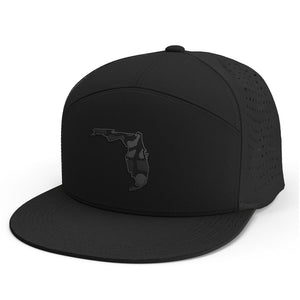 Black hat with a patch of Florida with a black camo pattern within it.