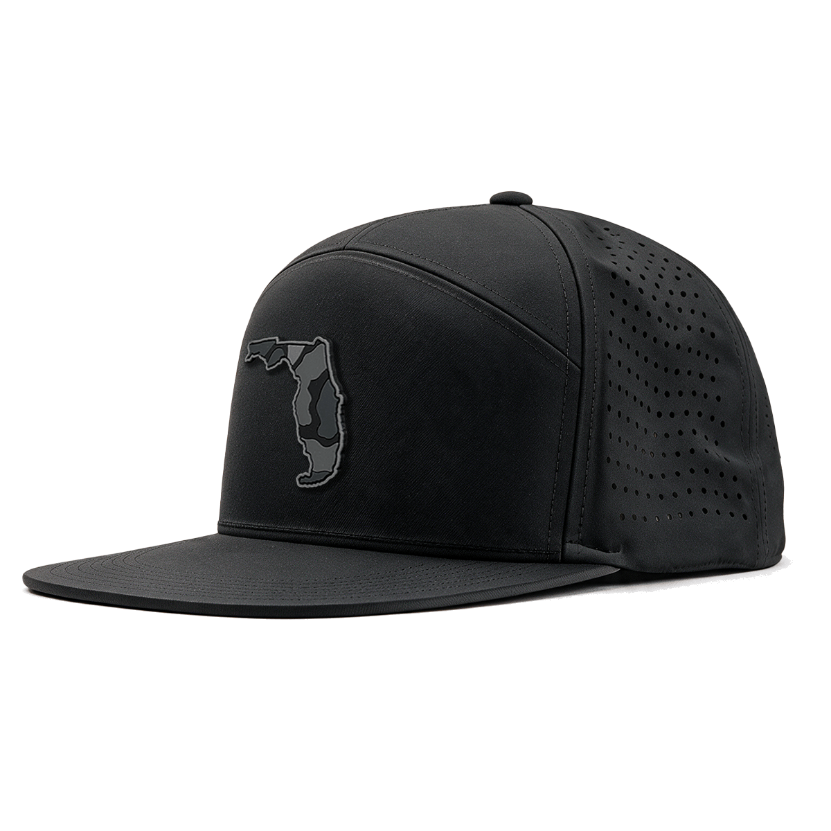 Black hat with a patch of Florida with a black camo pattern within it.