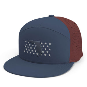 Blue hat with a red backing and stars across the crown with the shape of Florida over it.